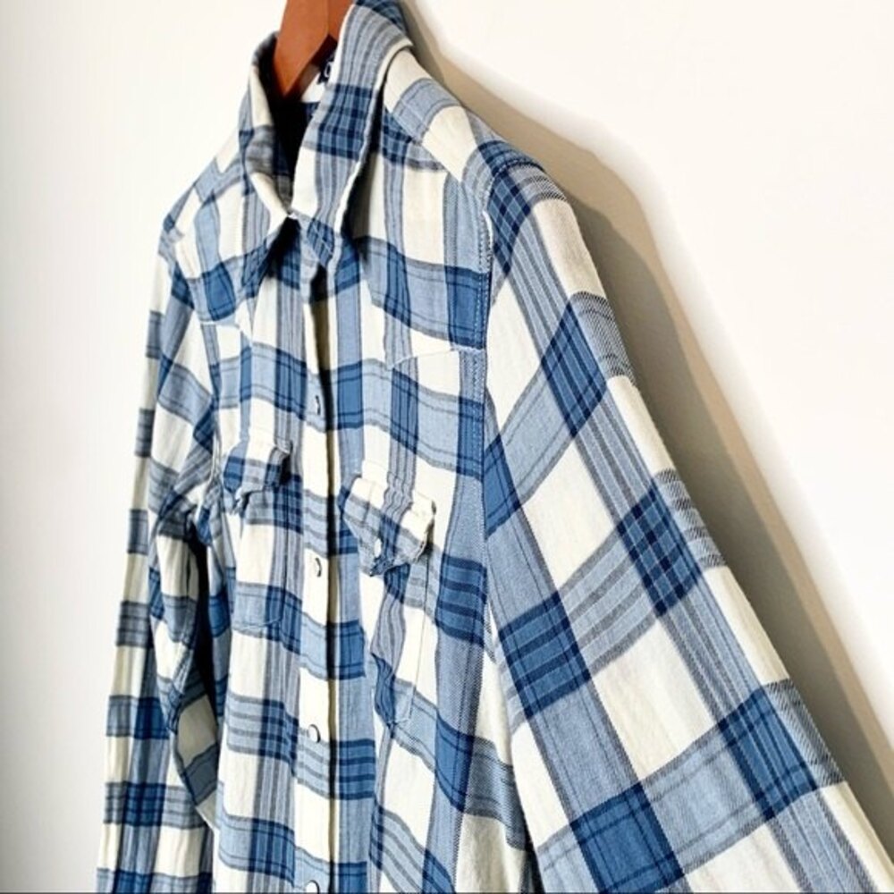 Chaps Pearl Snap Western Blue Plaid Button Down Flannel Shirt M - Picture 2 of 11